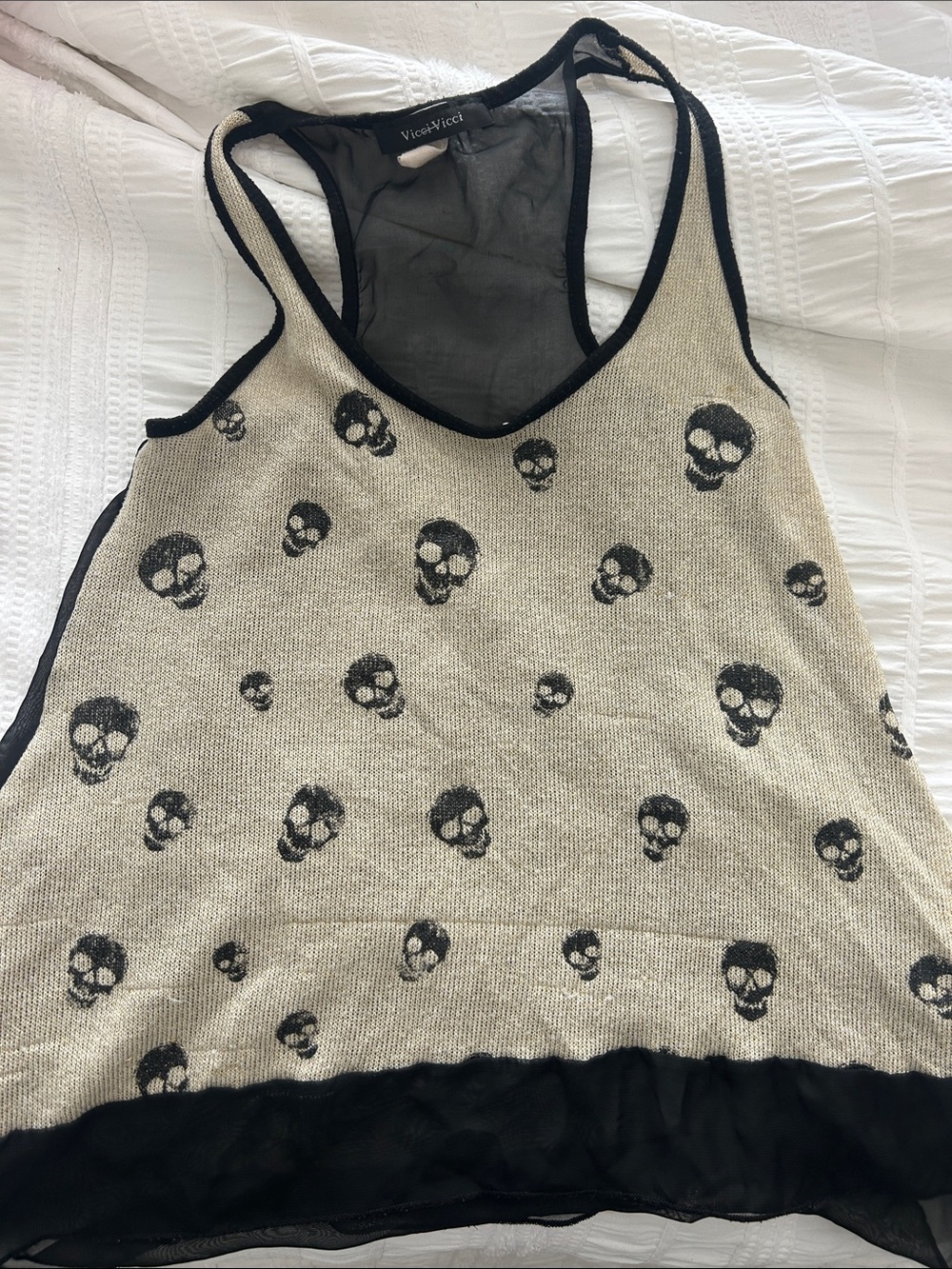 Vintage Black & Cream Skull-Print Tank with Sheer Trim